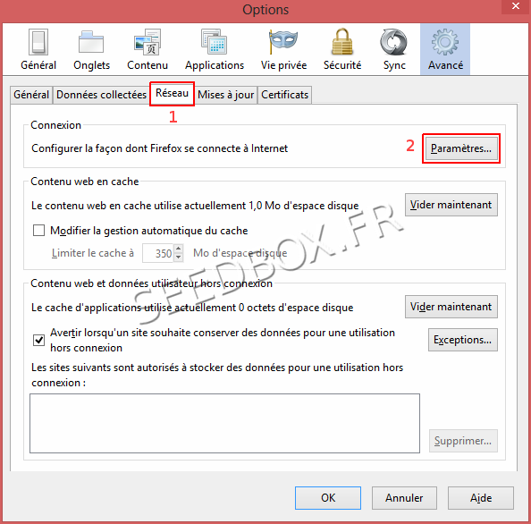 Paramètres proxy Firefox