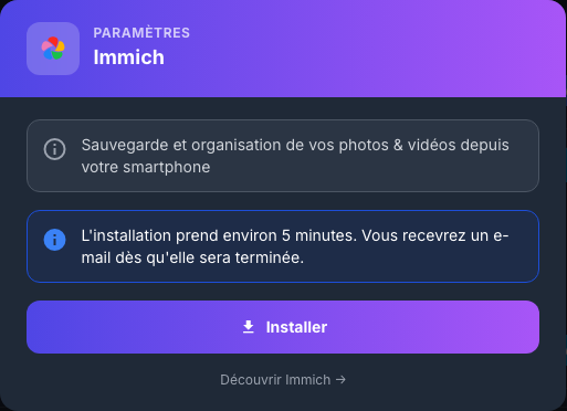 Confirmation de l’installation d’Immich