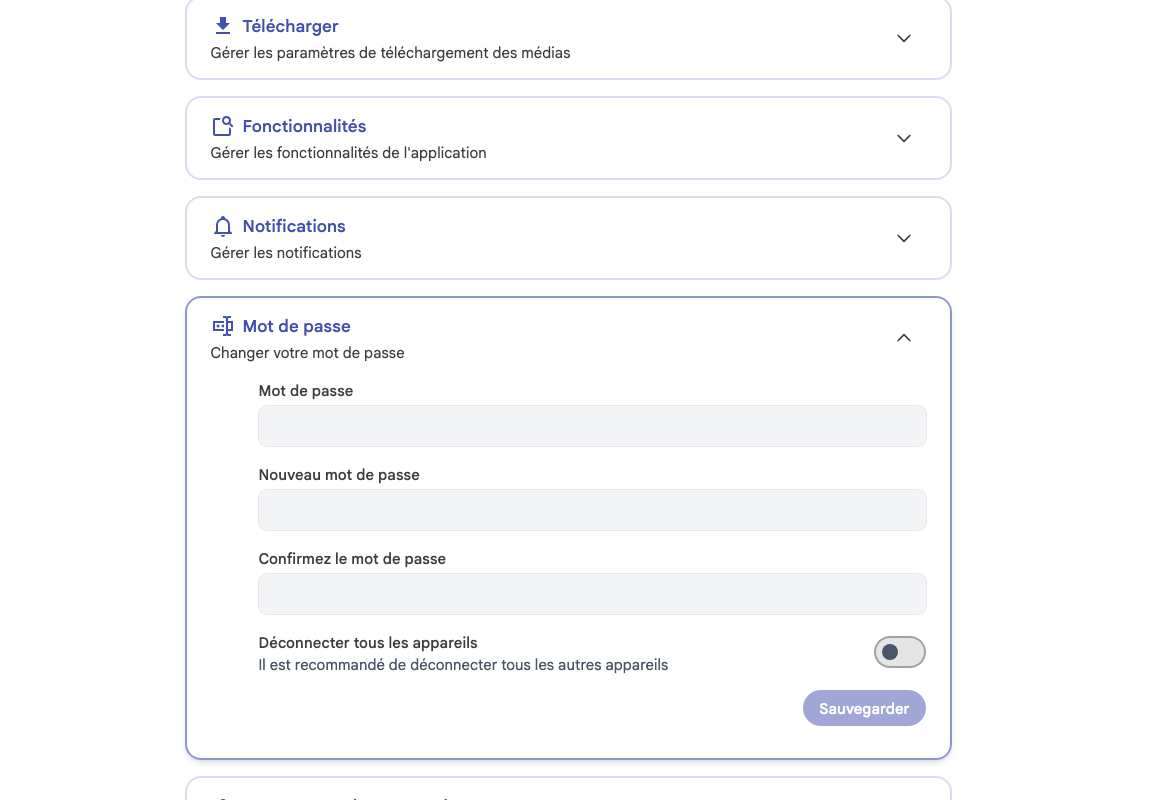 Formulaire de changement du mot de passe Immich
