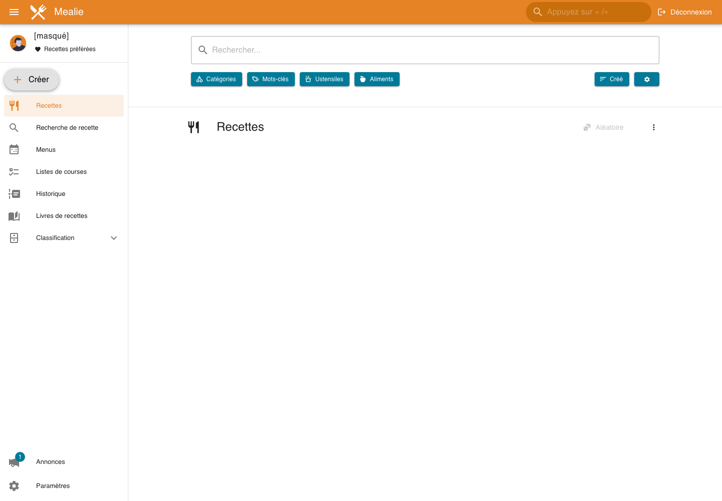 Interface de Mealie après connexion