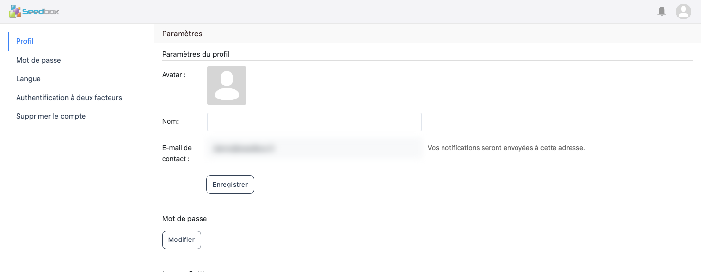 Paramètres du compte Seafile avec l’adresse e-mail masquée