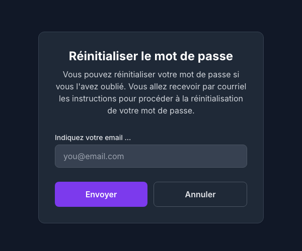 Formulaire de réinitialisation du mot de passe demandant l’adresse e-mail du compte