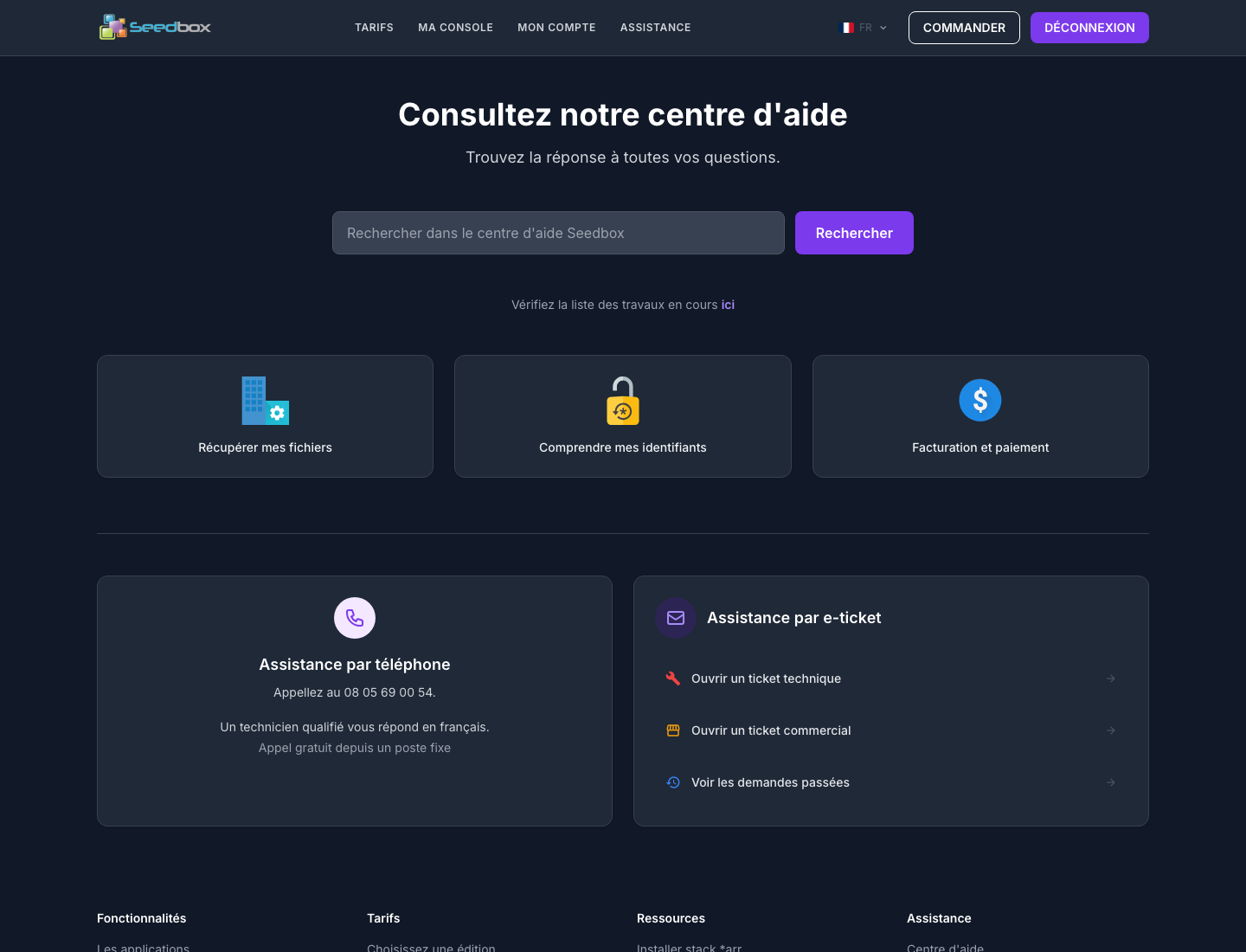 Centre d’aide Seedbox.fr accessible depuis le bouton Support