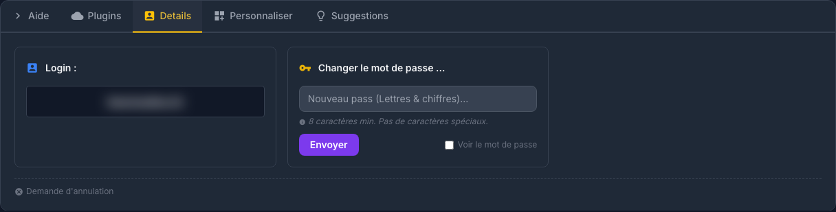 Onglet Détails avec l’identifiant des services flouté
