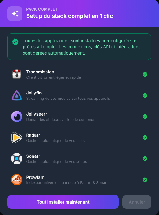 Fenêtre de présentation de la stack multimédia en un clic