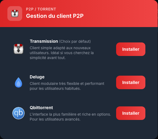Selezionare Transmission nelle impostazioni P2P