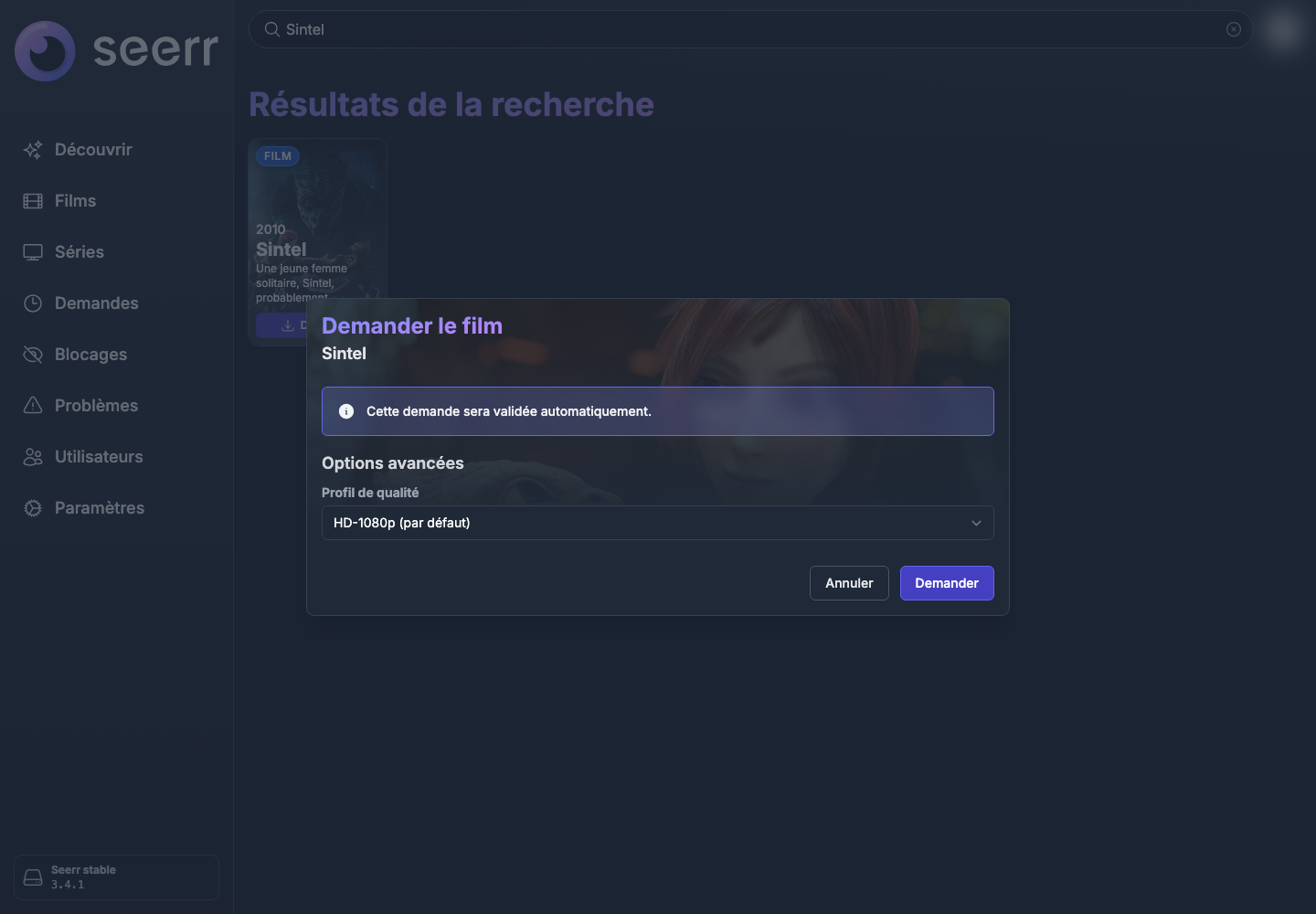 Confirmation de la demande et sélection du profil de qualité