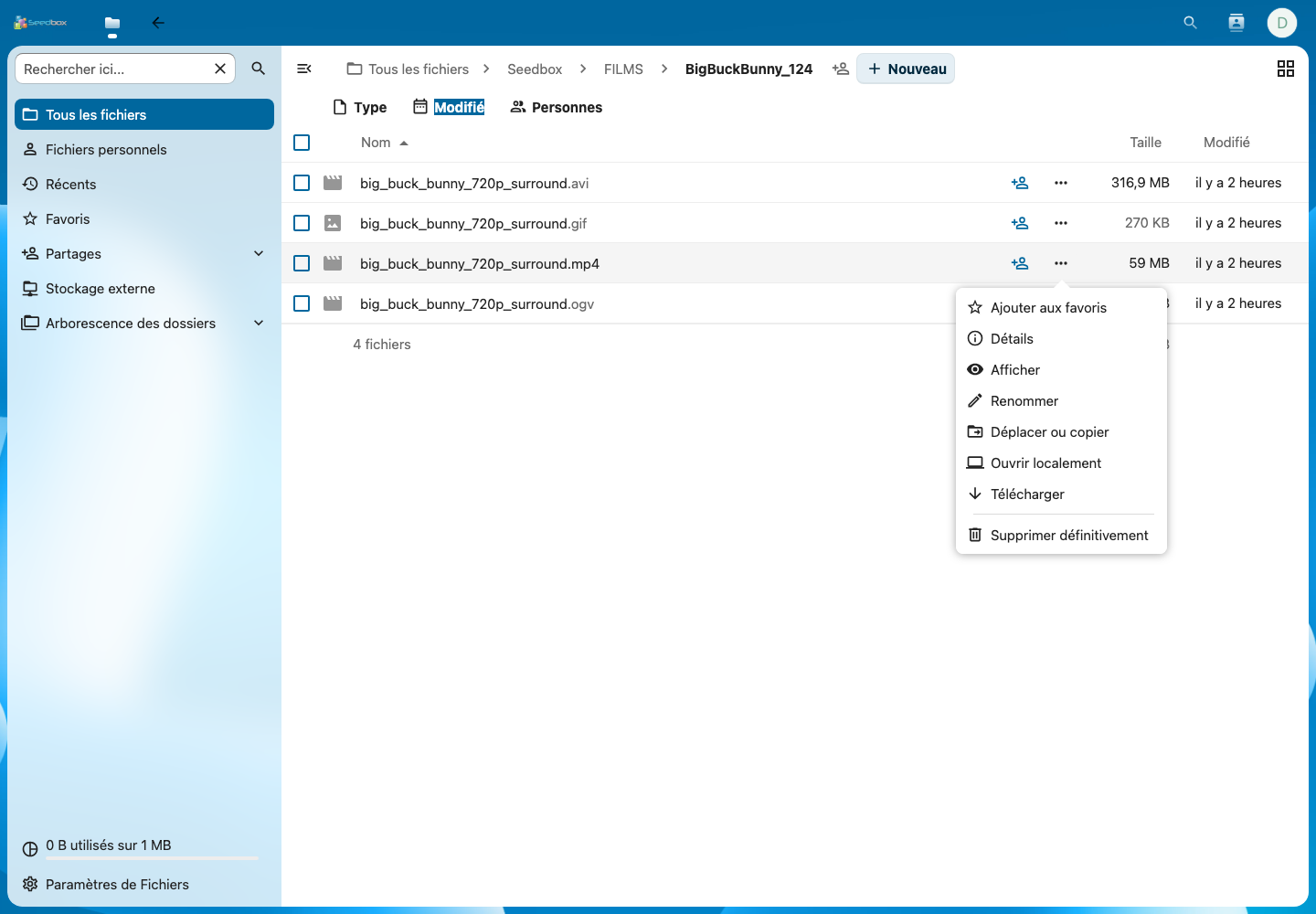 Menu Actions de Nextcloud avec la commande Télécharger
