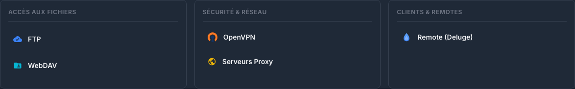 Onglet Plugins avec les accès aux fichiers, au VPN, au proxy et aux clients distants