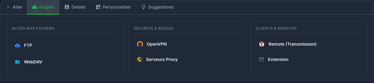 Onglet Plugins ouvert sous les applications de Ma console