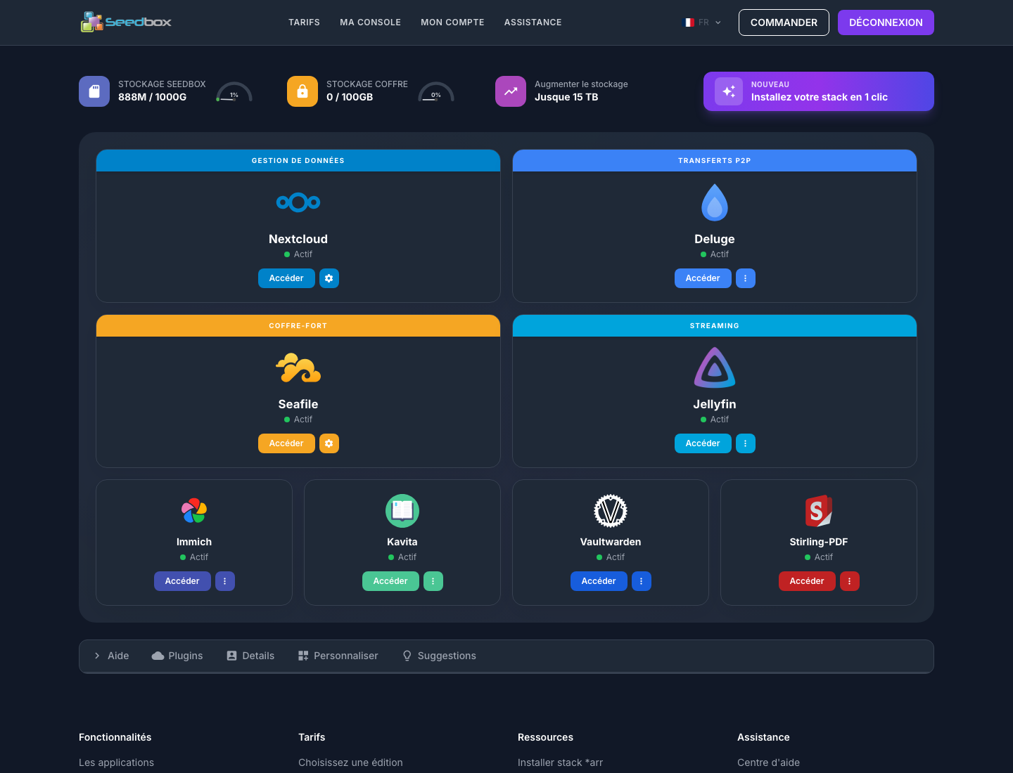 Vue générale de Ma console avec les espaces de stockage et les applications