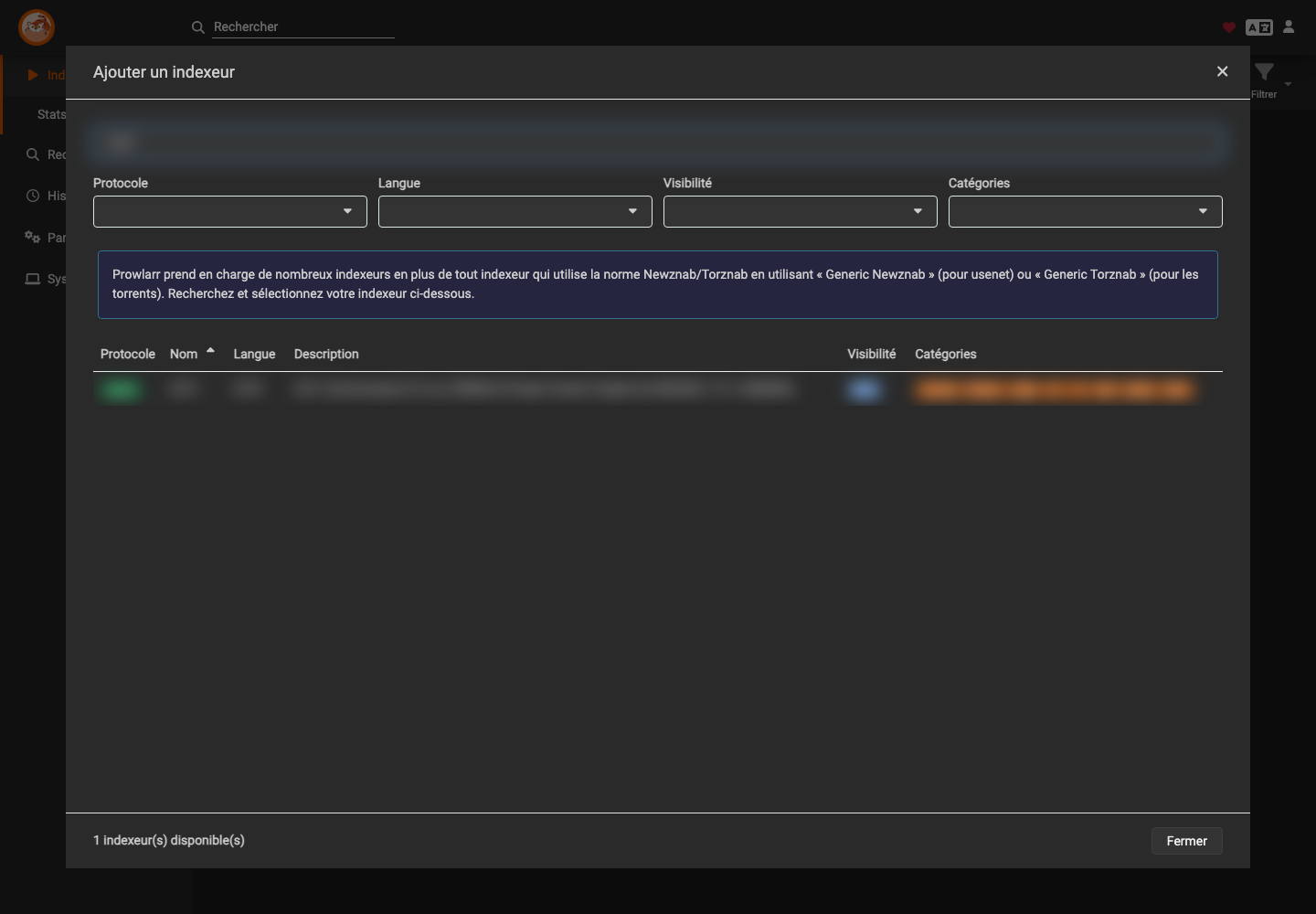 Recherche d’un indexeur dans Prowlarr avec le nom du tracker flouté