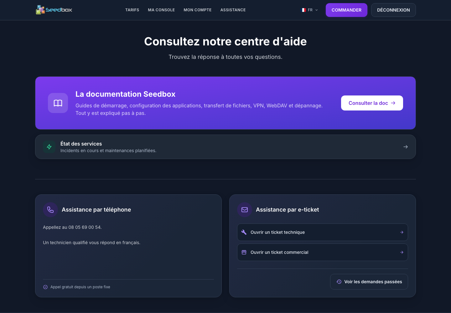 Centre d’aide ouvert depuis la console