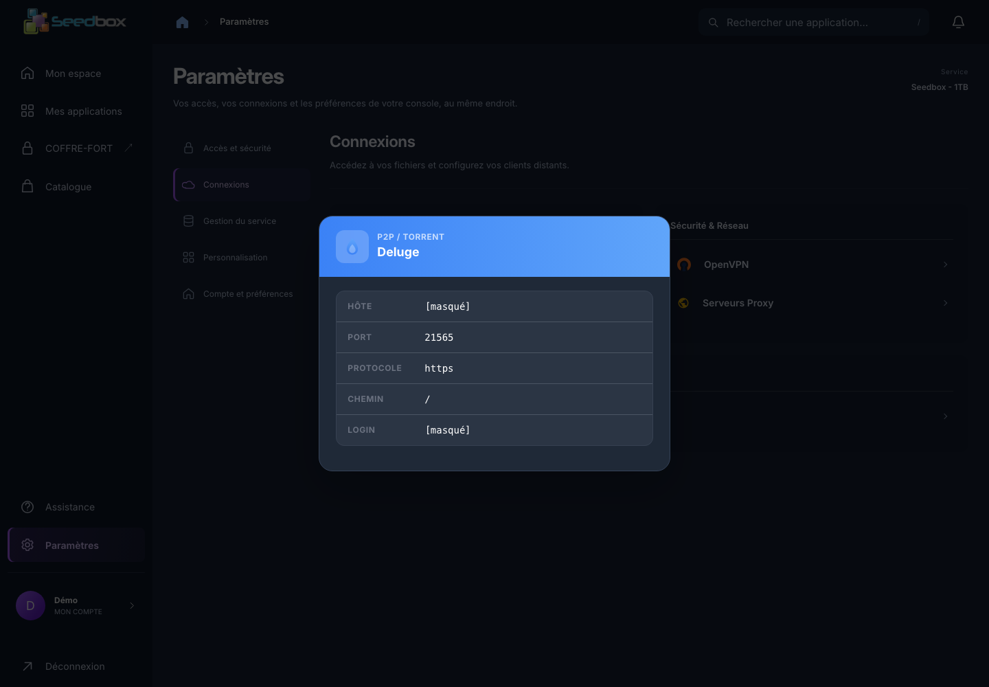 Fiche Remote pour Deluge, valeurs personnelles masquées