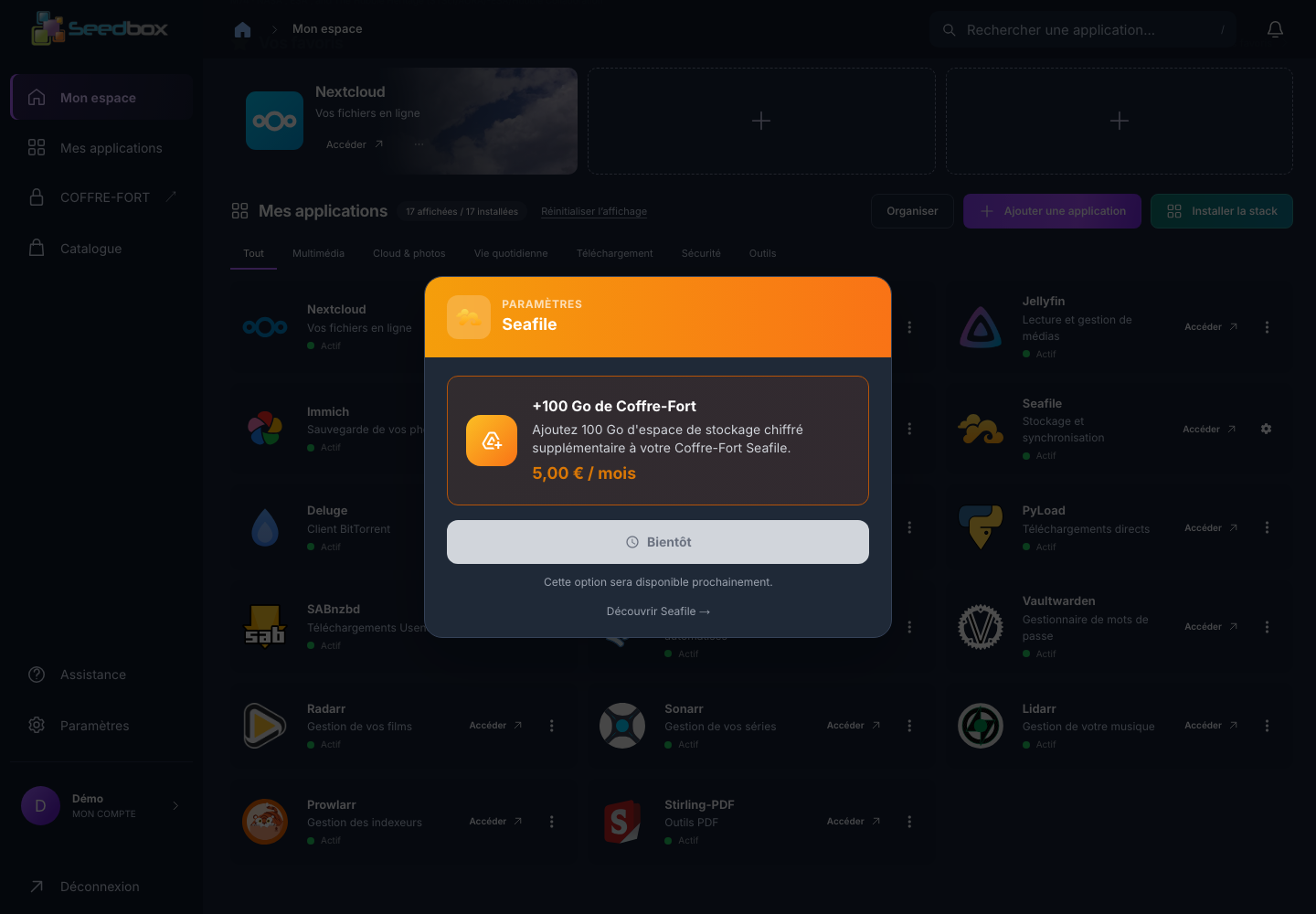 Options Seafile de la nouvelle console