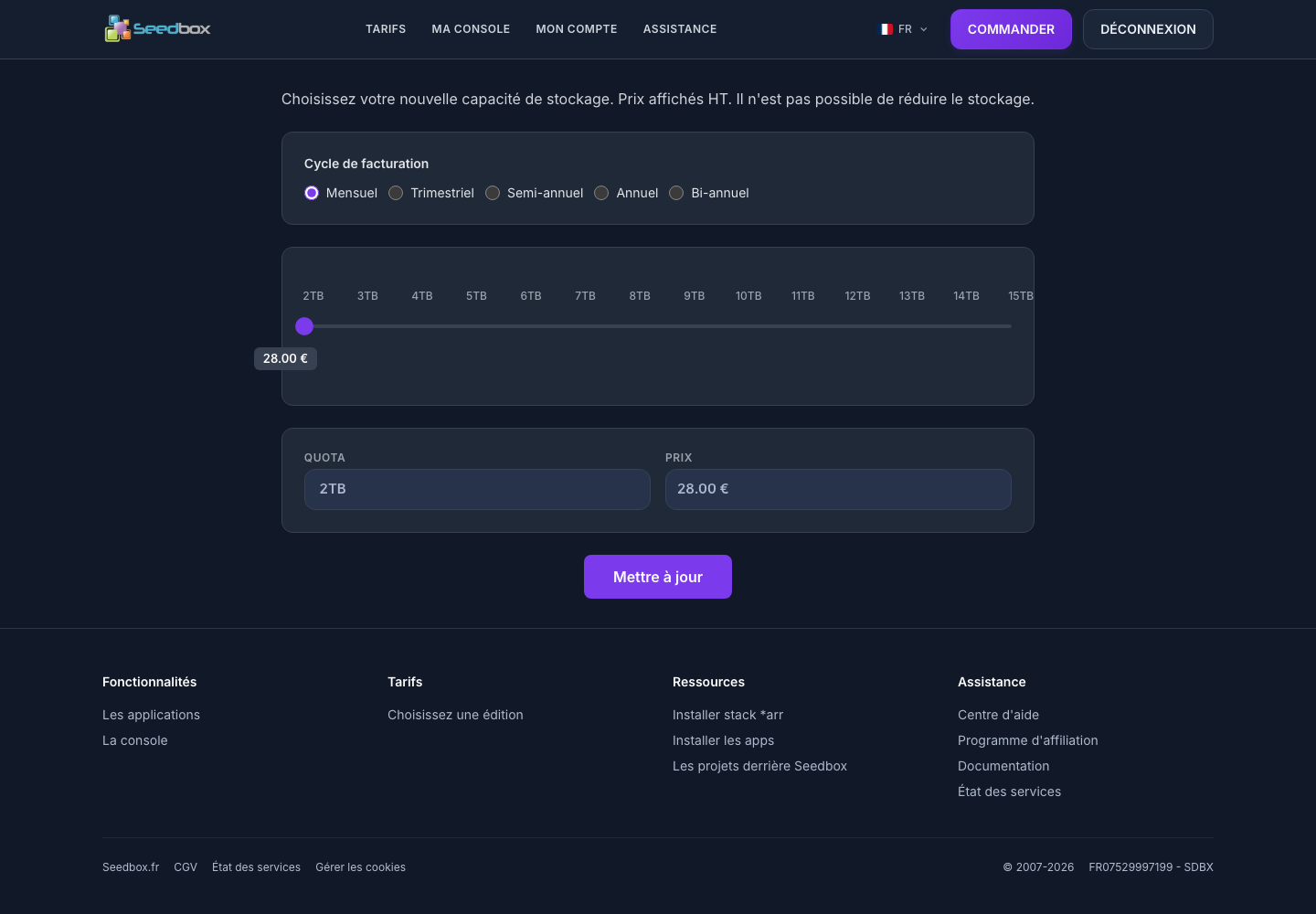 Page actuelle de mise à niveau du stockage