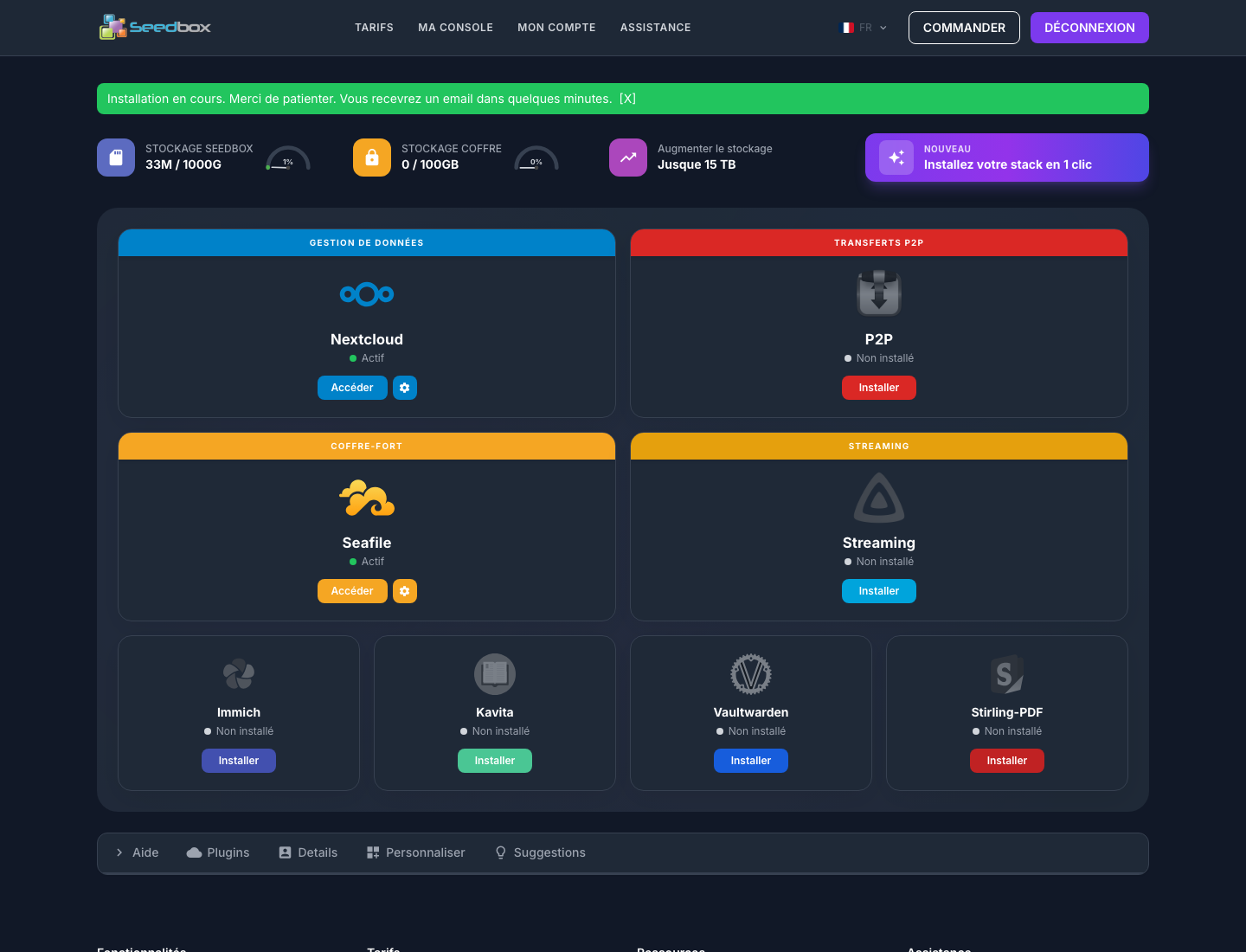 Console che mostra un messaggio di conferma che l'installazione è in corso
