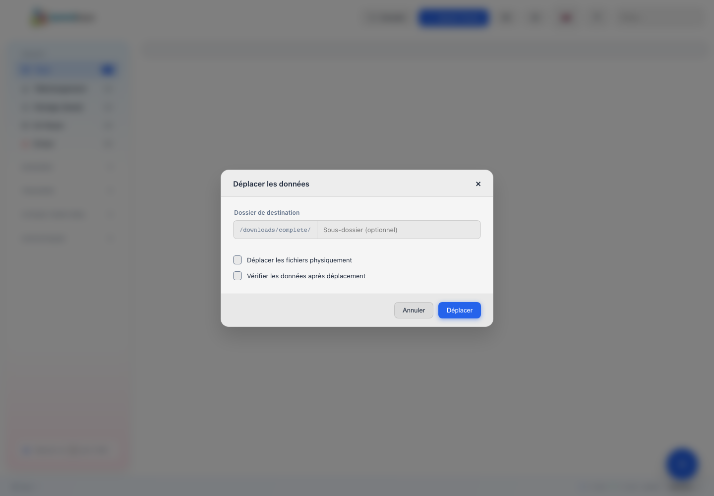 Fenêtre de déplacement, avec les deux options de traitement