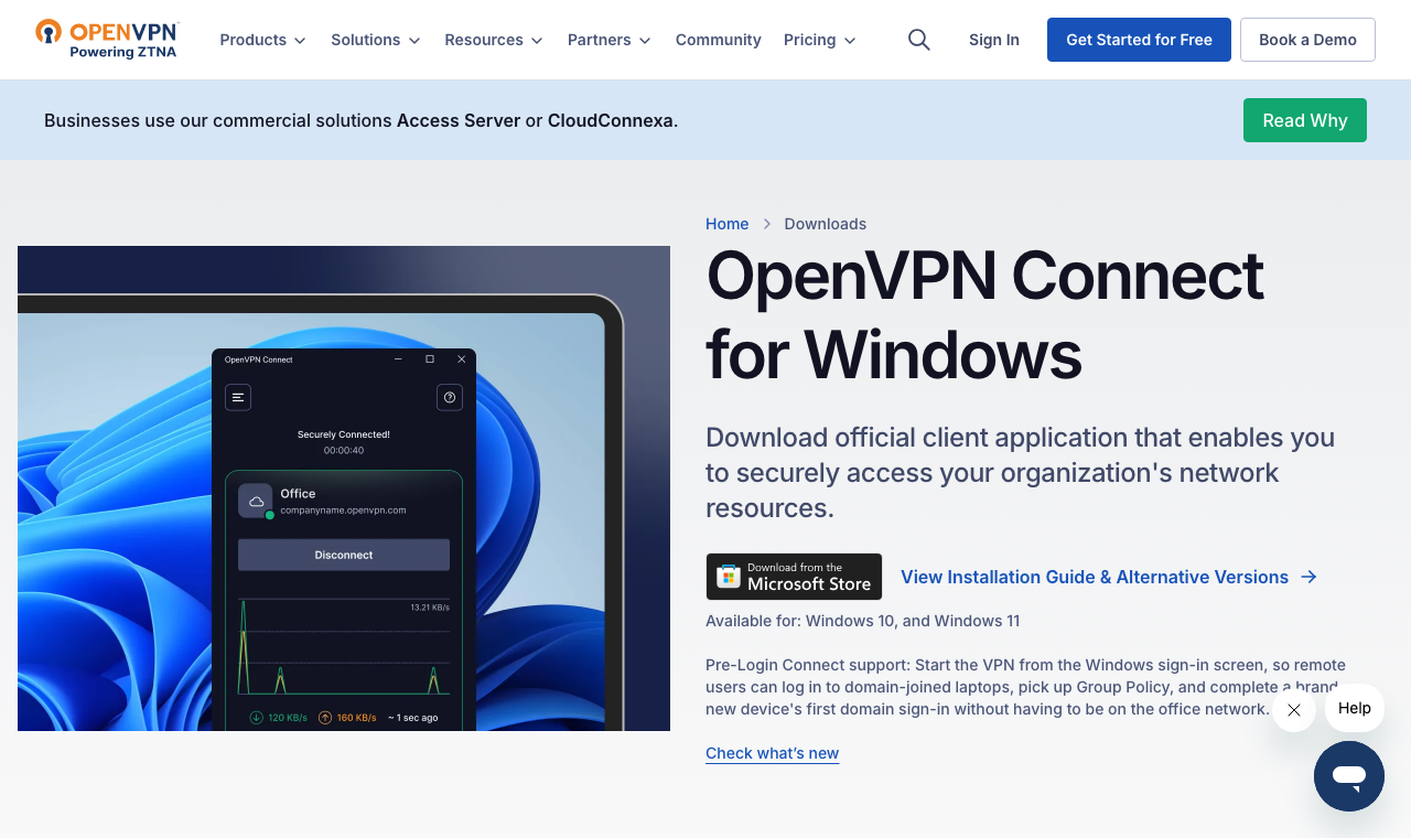 Page officielle de téléchargement d'OpenVPN Connect