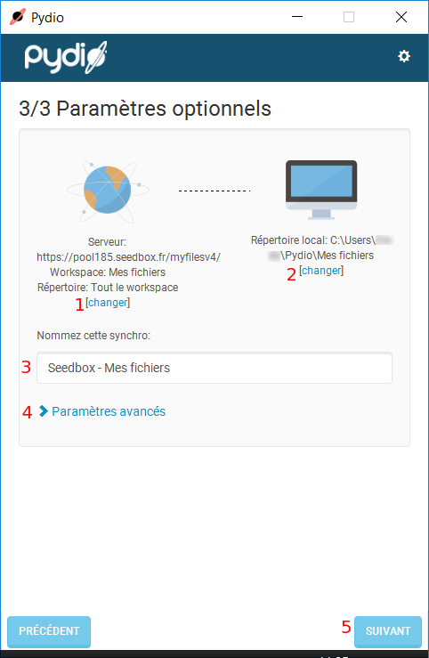 Options de synchronisation PydioSync