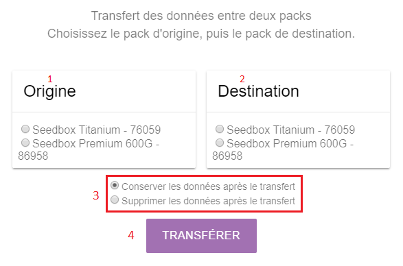 Options de transfert entre packs