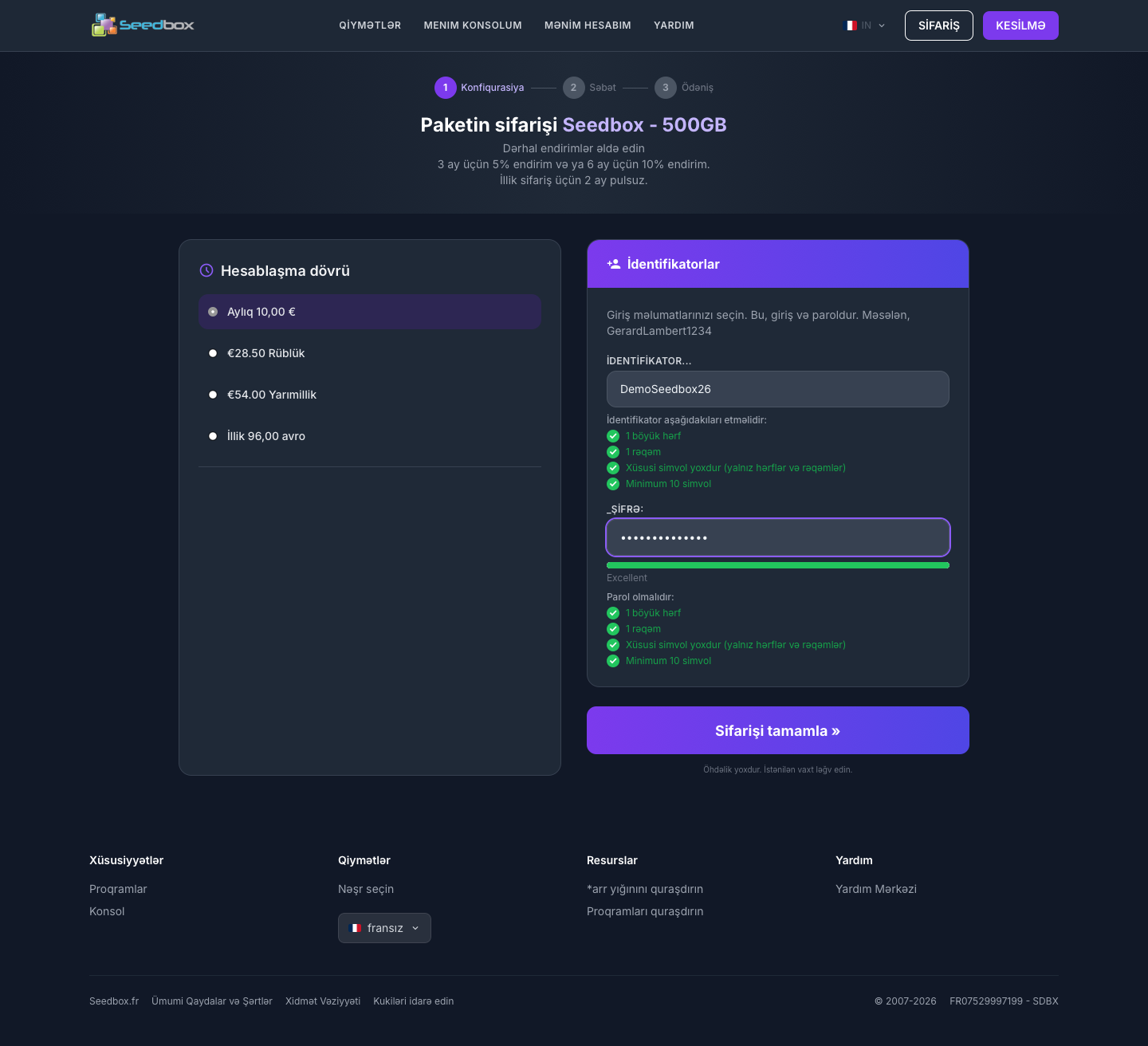 Choix du cycle de facturation et des identifiants de la seedbox