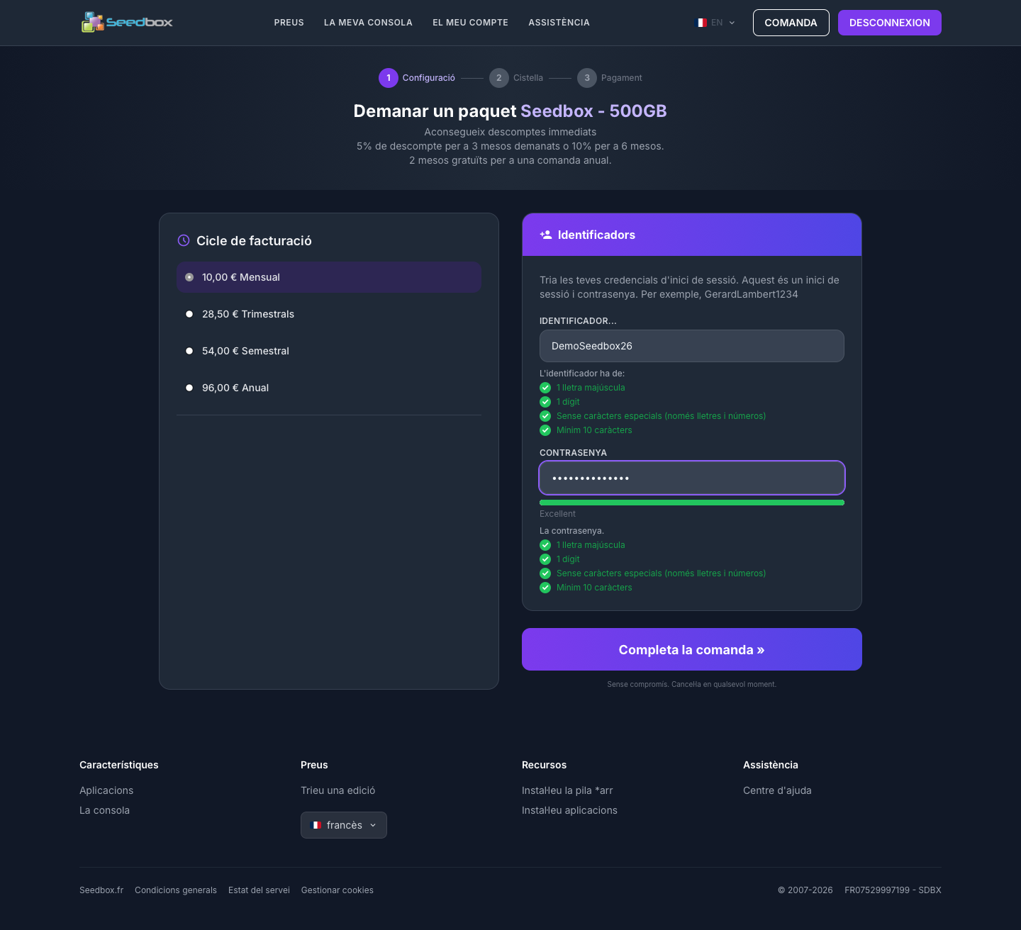 Choix du cycle de facturation et des identifiants de la seedbox