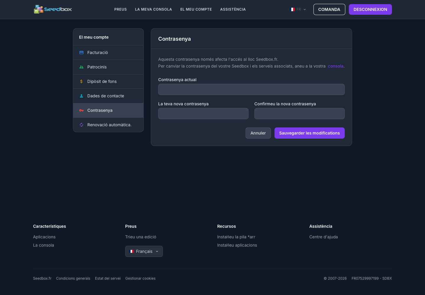 Formulaire permettant de changer le mot de passe du compte