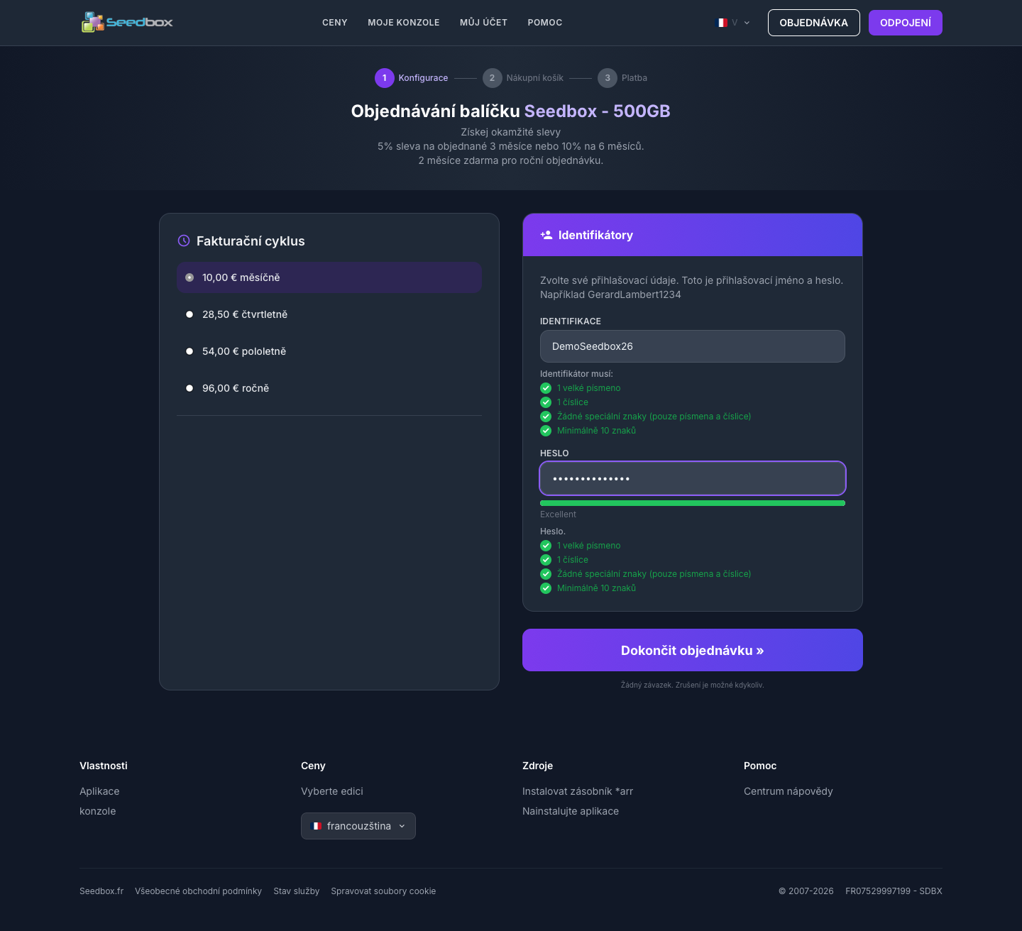 Choix du cycle de facturation et des identifiants de la seedbox