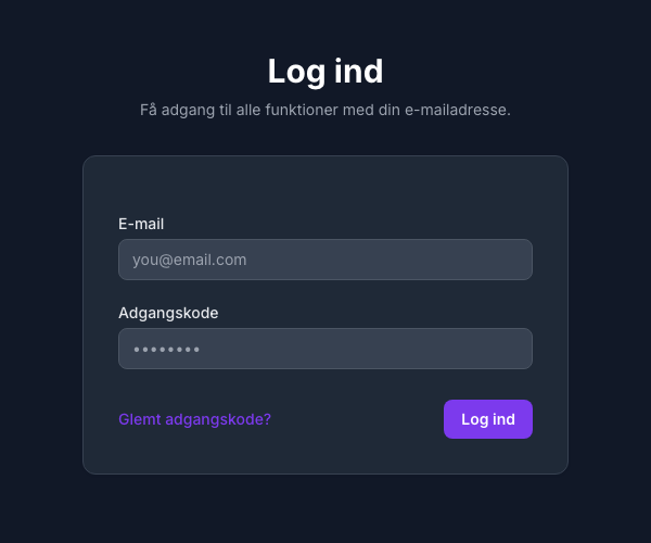 Login-side med linket til nulstilling