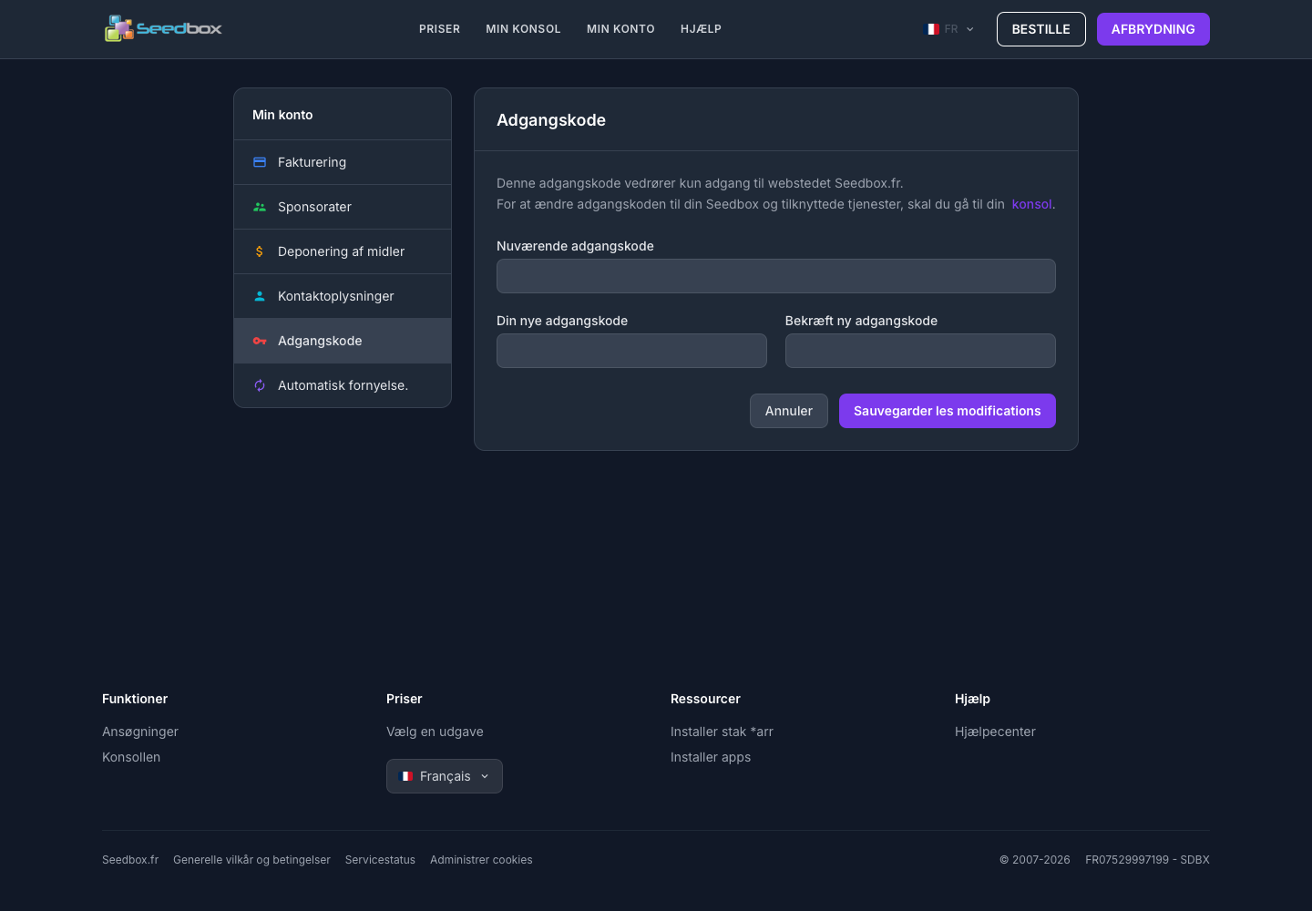 Formulaire permettant de changer le mot de passe du compte
