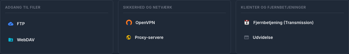 Plugins-fane med adgang til filer, VPN, proxy og fjernklienter