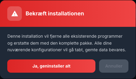 Advarsel vises før fuldstændig geninstallation af programmer