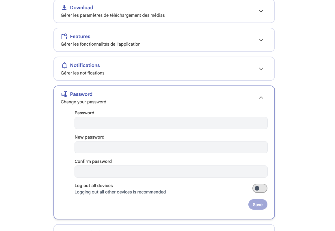 Modulo modifica password Immich