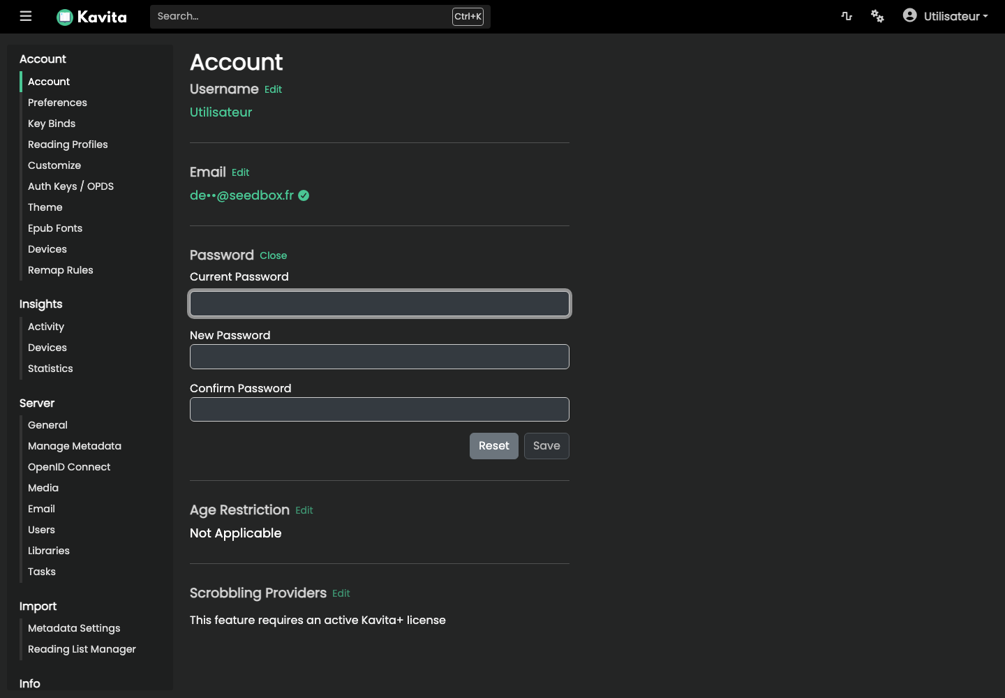 Modulo modifica password Kavita