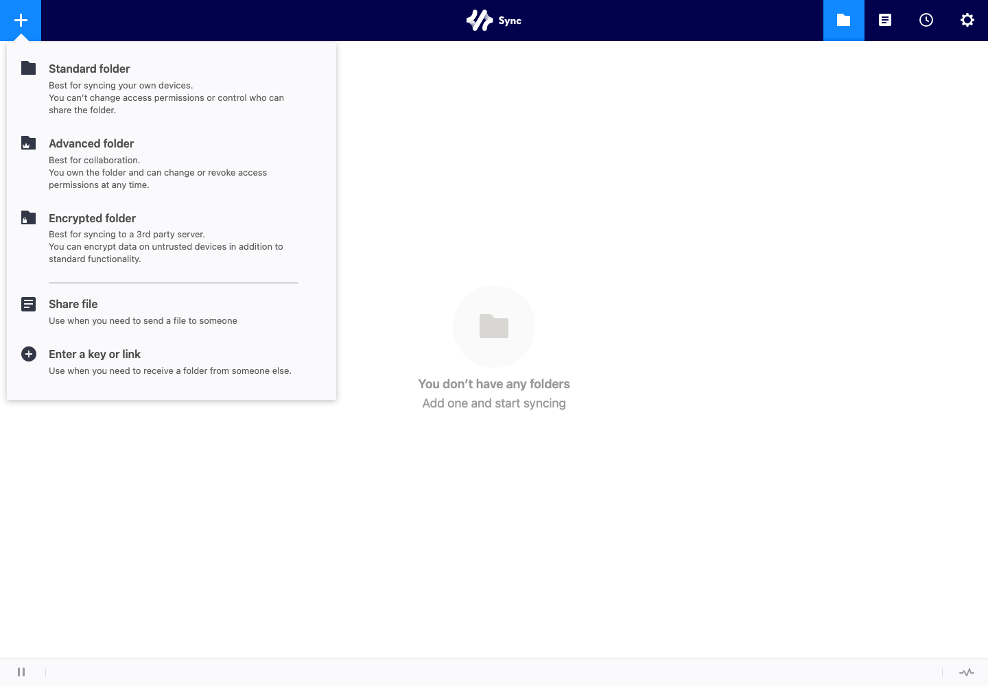 Resilio Sync aggiungi menu