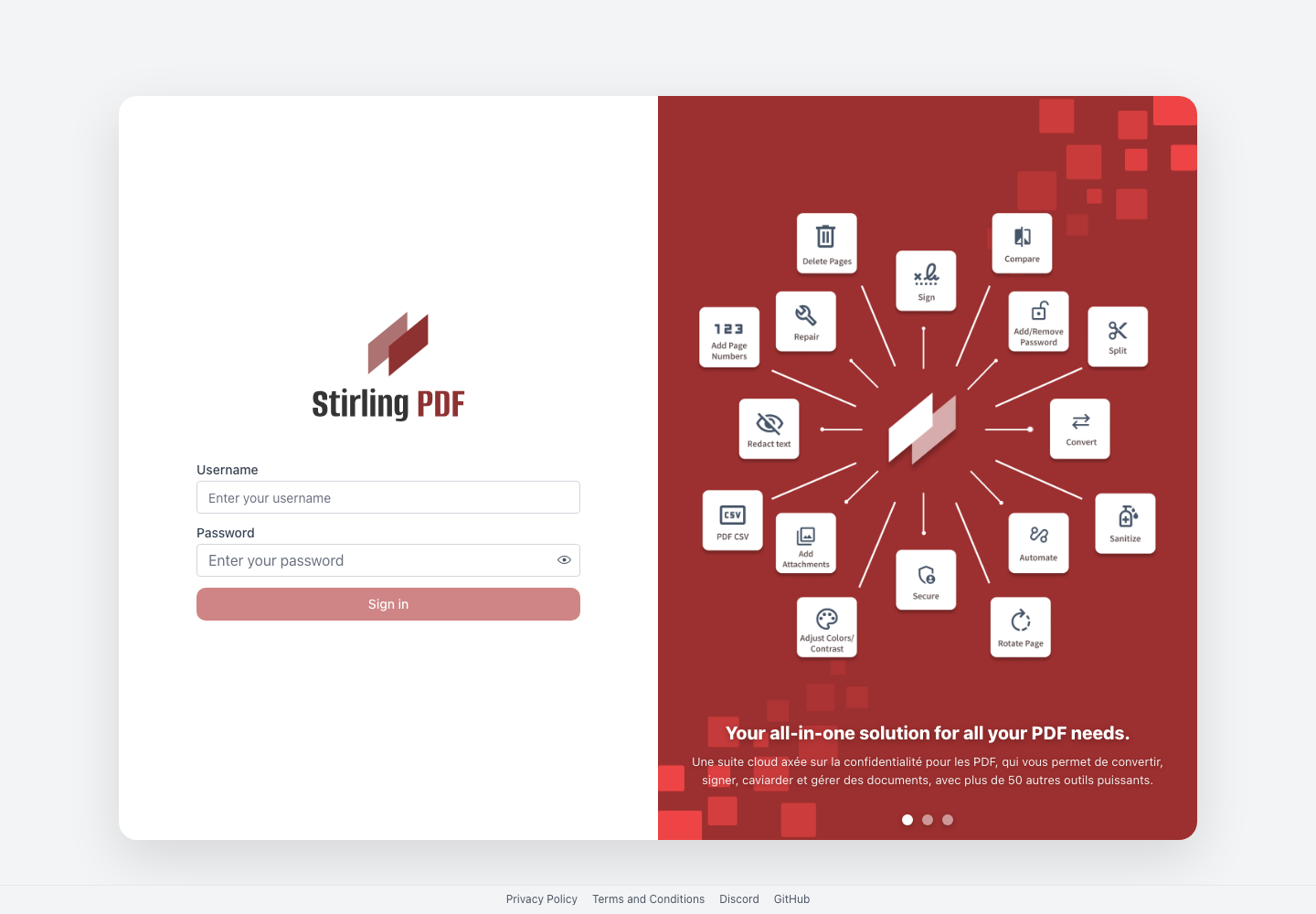 Página de login do Stirling PDF