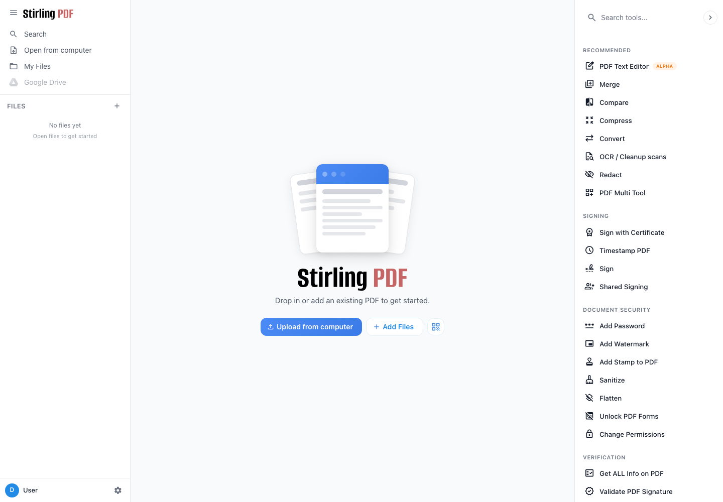 Interface principal do PDF Stirling