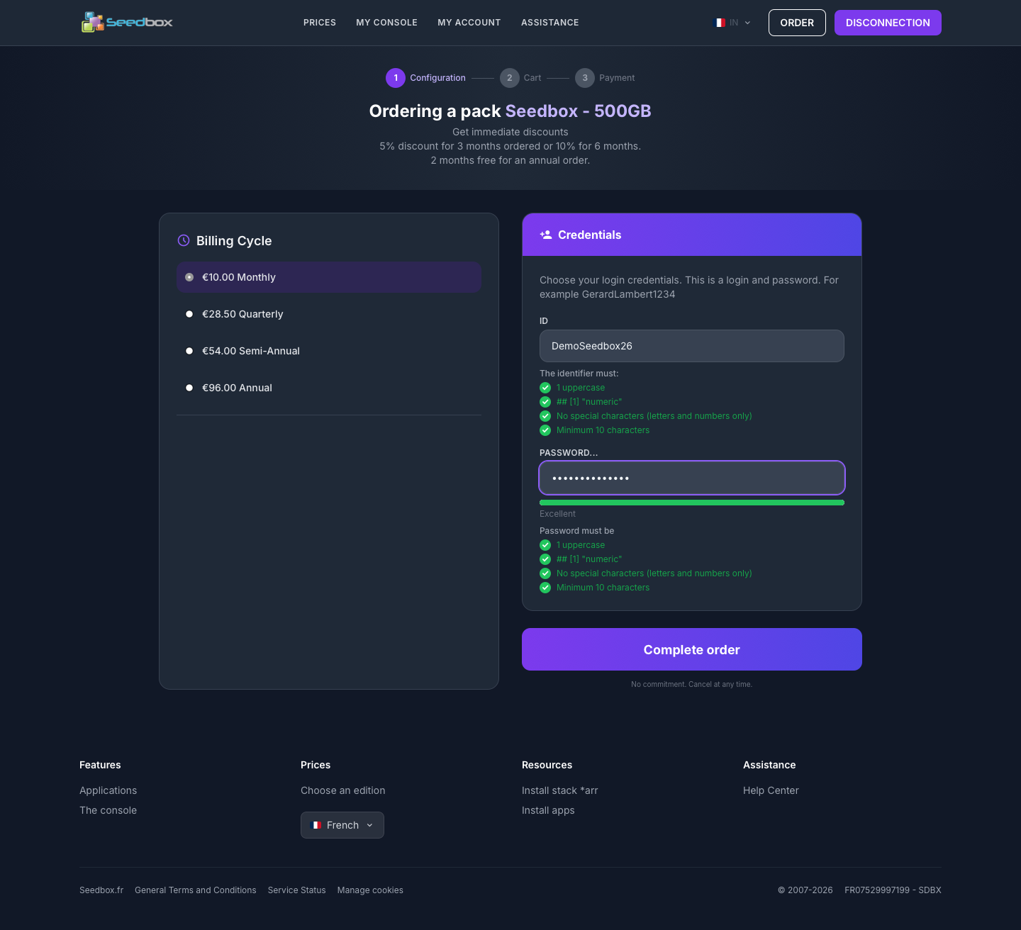Choix du cycle de facturation et des identifiants de la seedbox