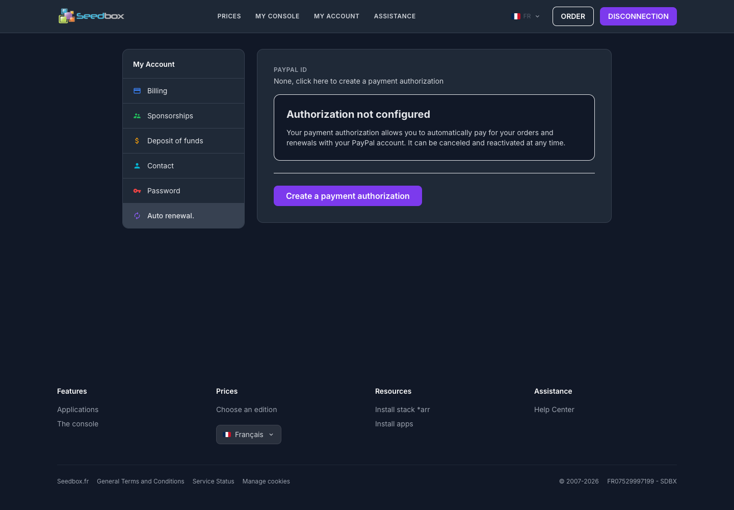 Renouvellement automatique PayPal non configuré