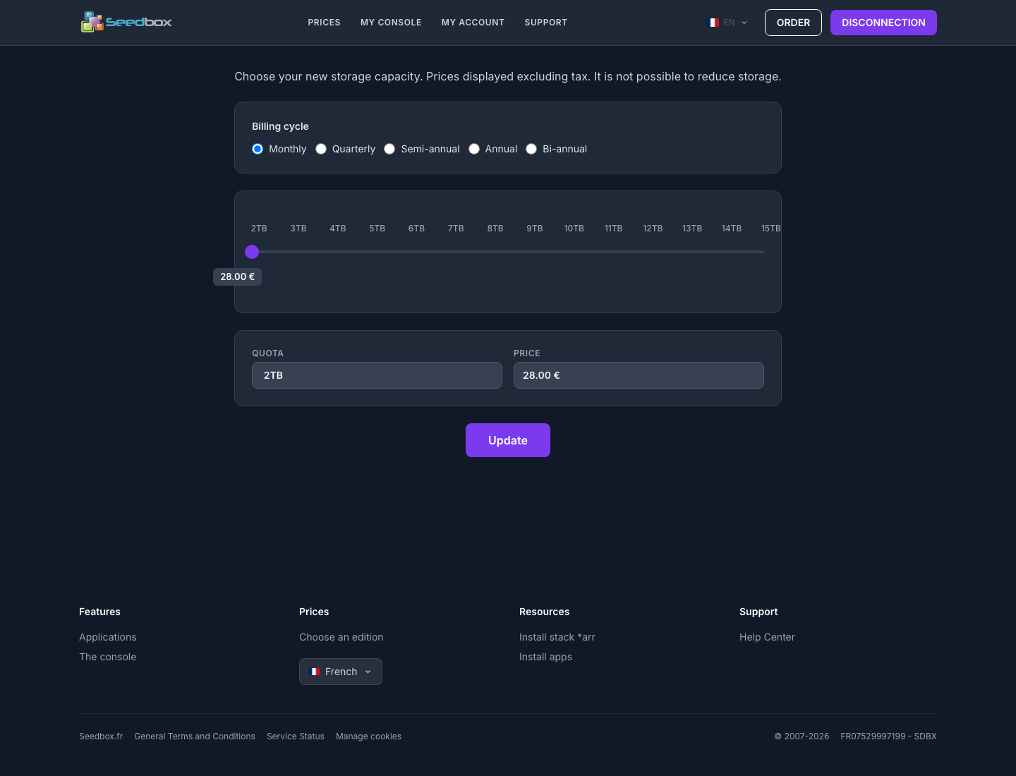 Upgrade page with billing cycles and available capacities