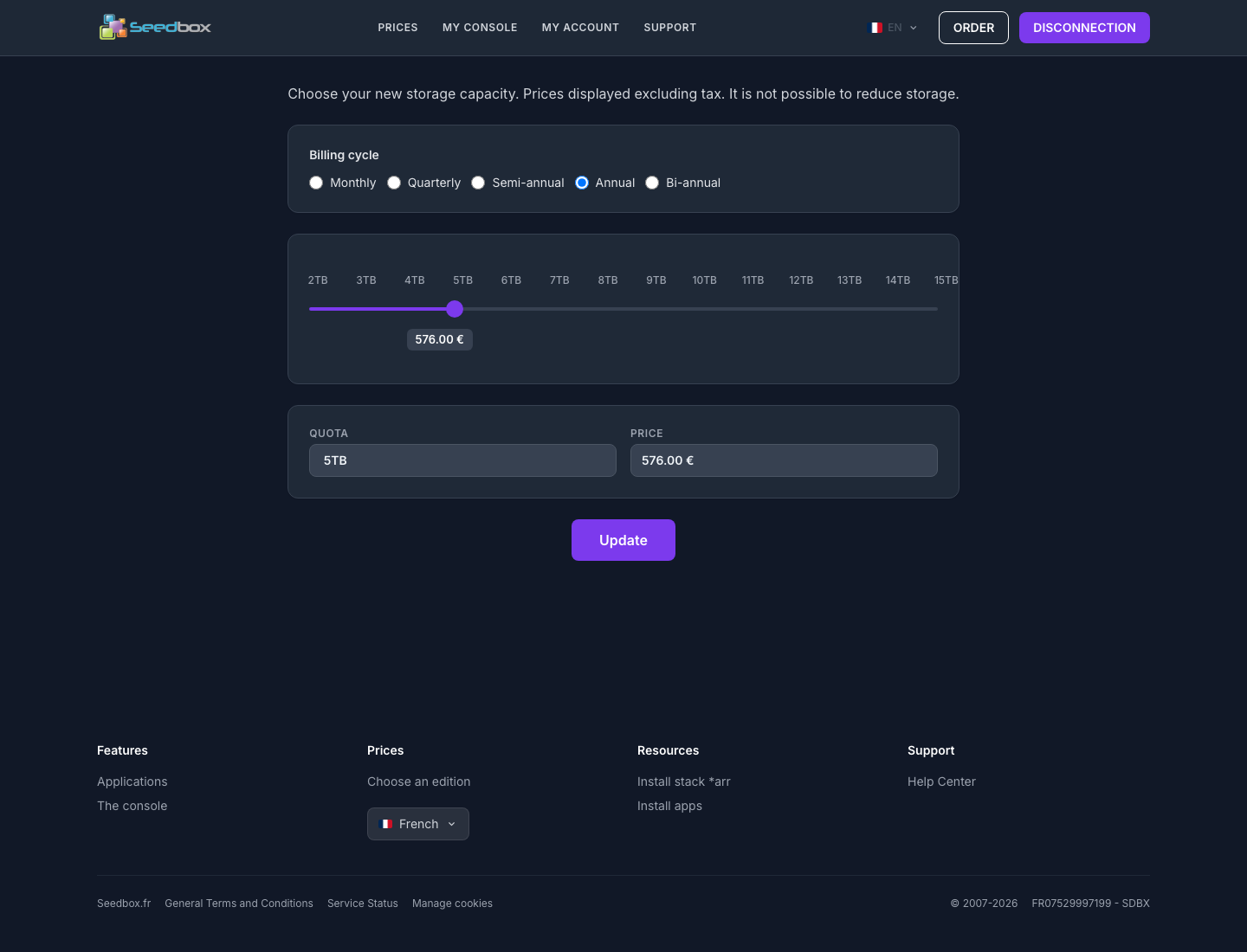 Example of selecting a quota and a cycle with the recalculated price