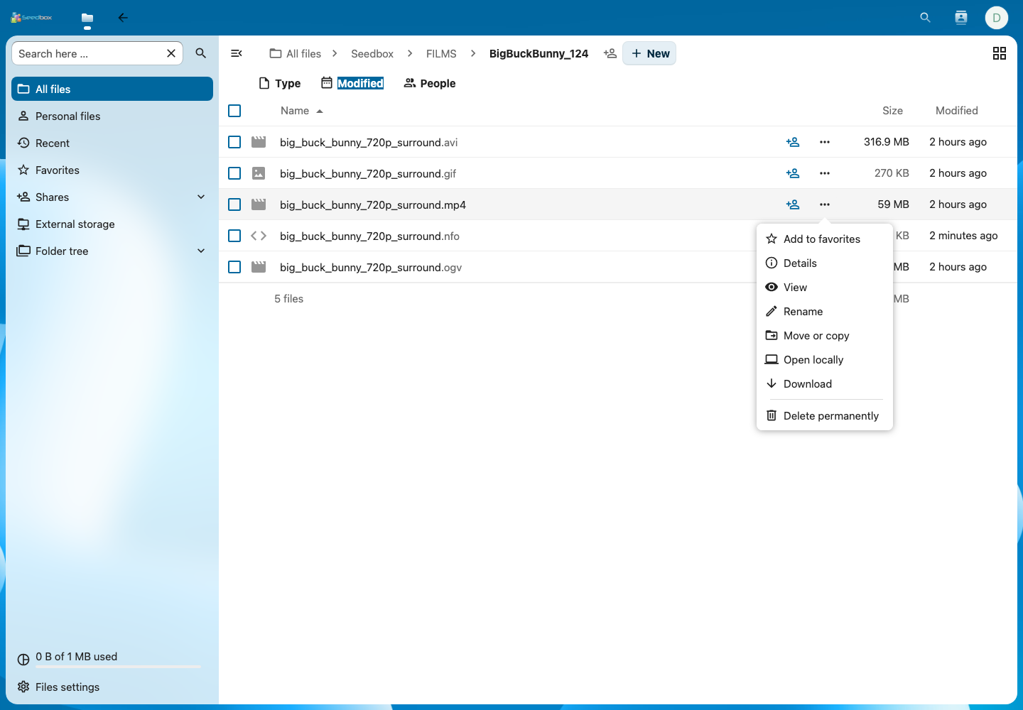 Menu Azioni di Nextcloud con il comando Scarica