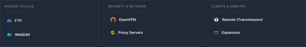 Plugins tab with access to files, VPN, proxy and remote clients