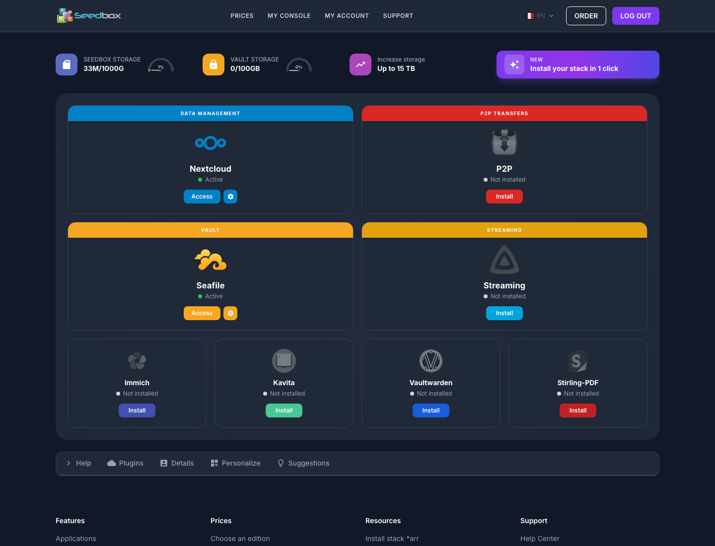 Dashboard My console with button to increase storage