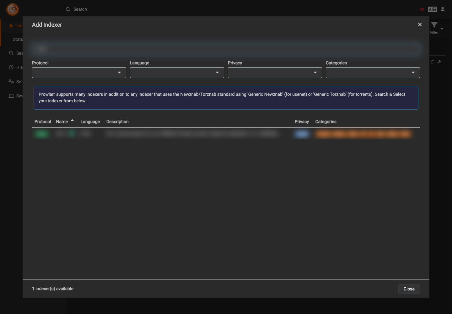 Suche nach einem Indexer in Prowlarr mit unscharfem Tracker-Namen