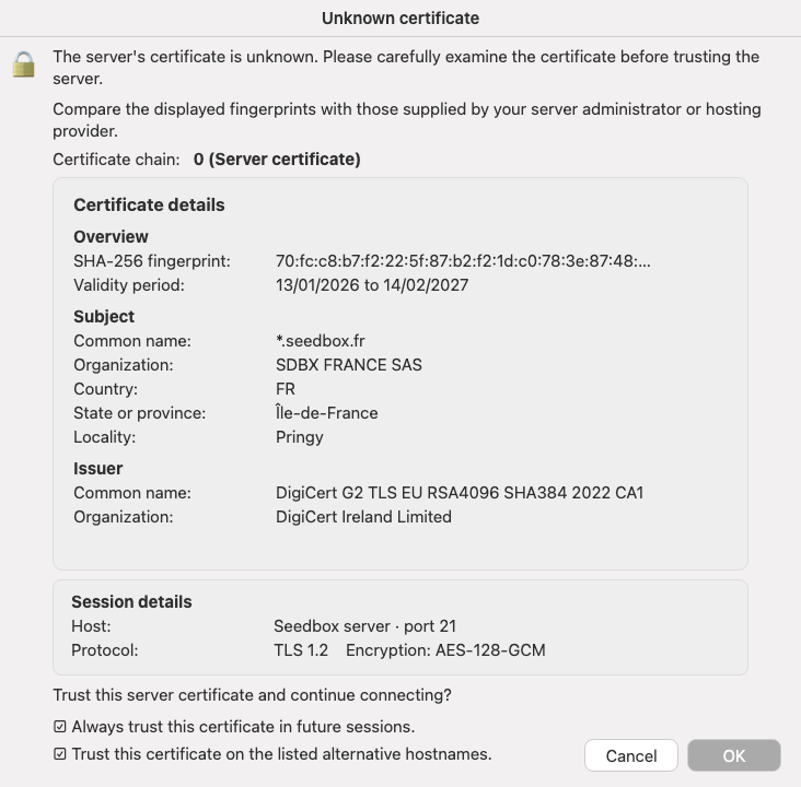 Comprovar el certificat TLS de Seedbox