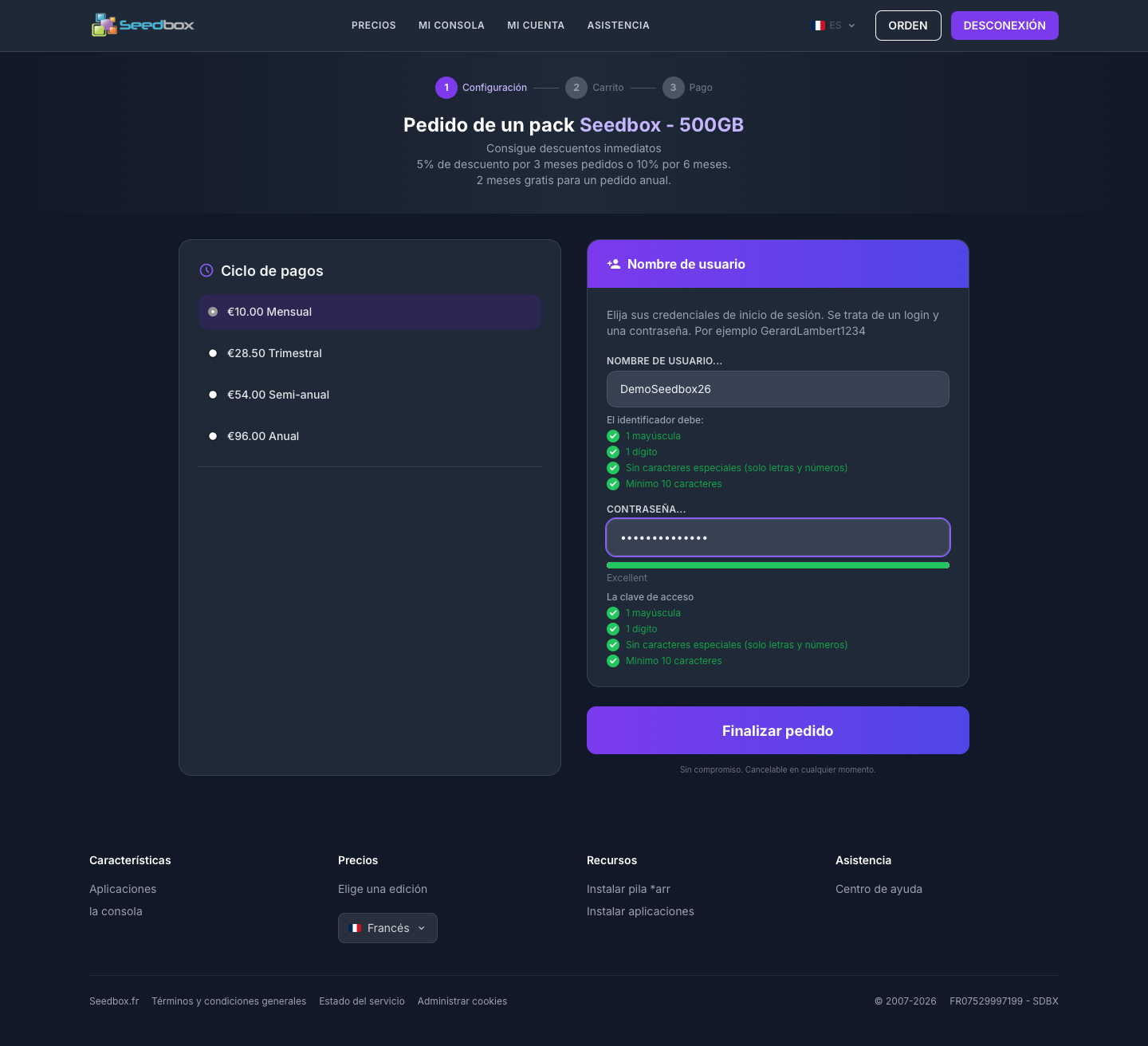 Choix du cycle de facturation et des identifiants de la seedbox