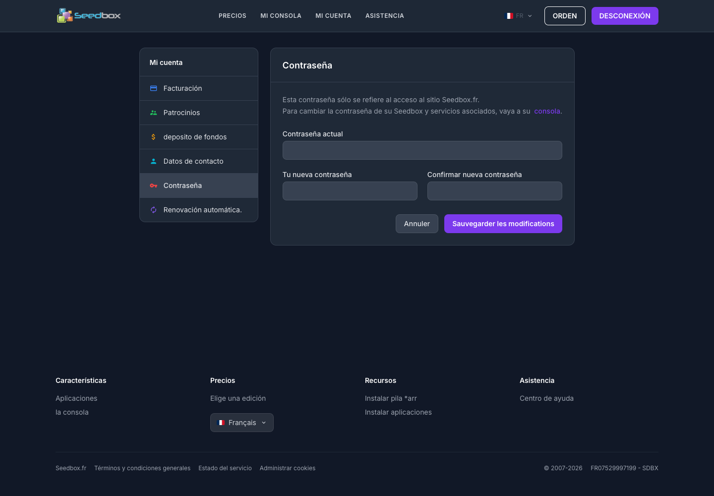 Formulaire permettant de changer le mot de passe du compte