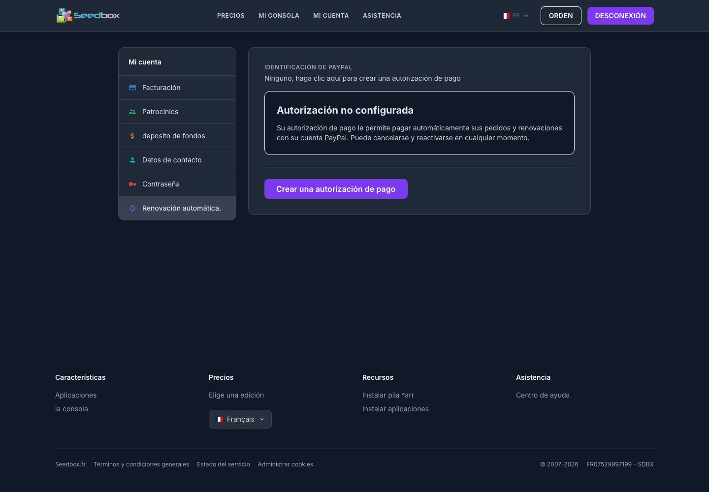 Renouvellement automatique PayPal non configuré